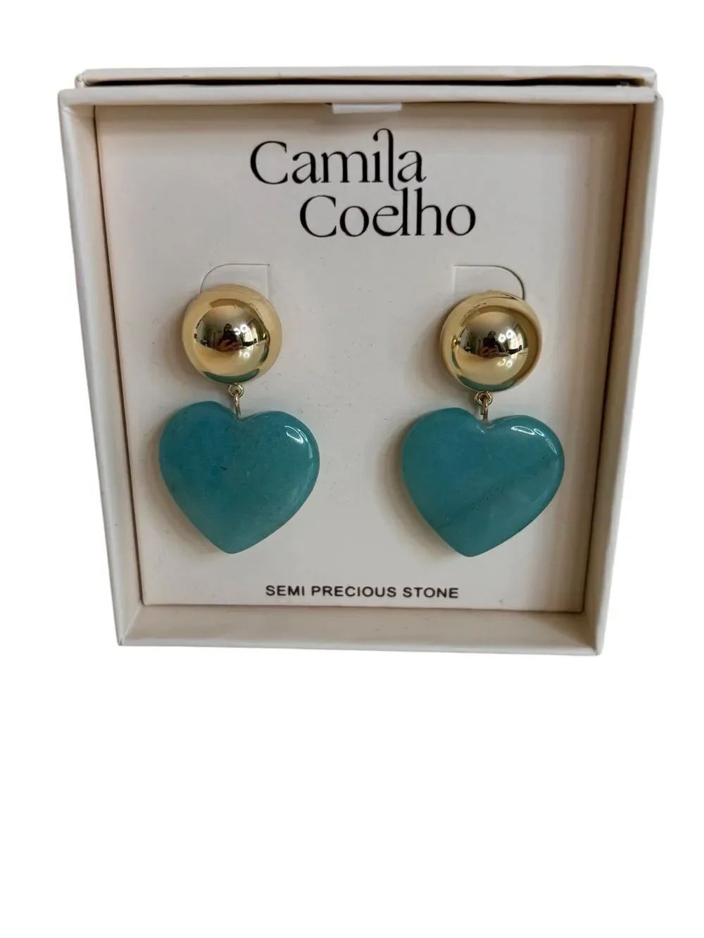 Camila Coelho Teal Green Heart Drop Earrings w/ Gold Tone Dome Studs.